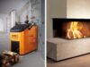 Links steht eine Stückholzheizung des Produkttyps Novatronic XV von Schmid und rechts ein moderner Kamin mit brennendem Feuer.